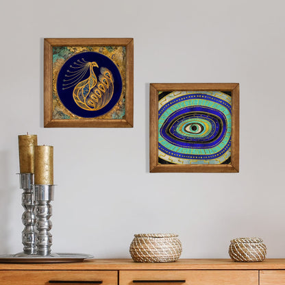 Peacock & Evil Eye Wall Art Duo – Wooden Frame Set