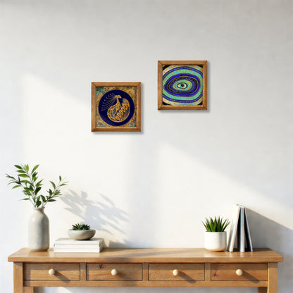 Peacock & Evil Eye Wall Art Duo – Wooden Frame Set