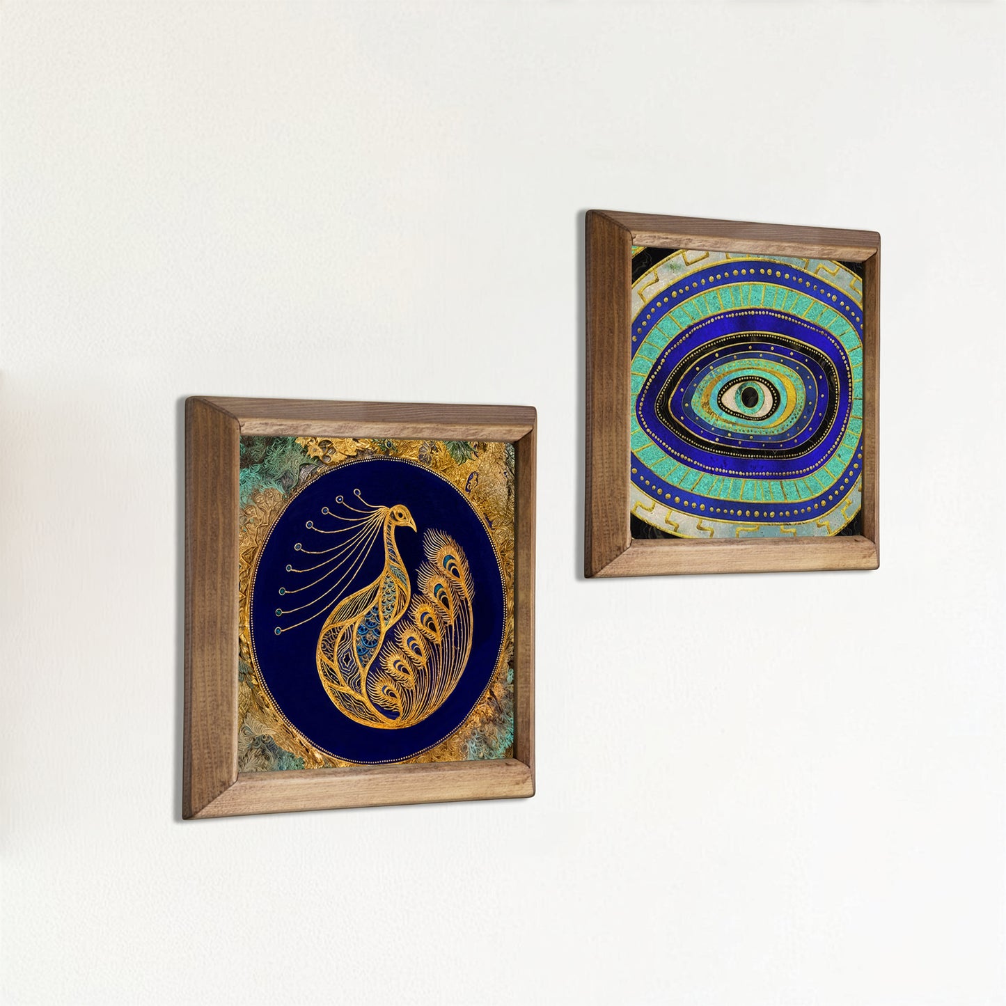 Peacock & Evil Eye Wall Art Duo – Wooden Frame Set