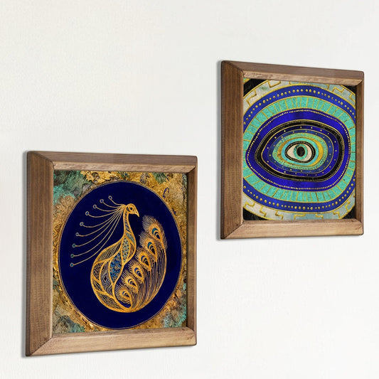 Peacock & Evil Eye Wall Art Duo – Wooden Frame Set