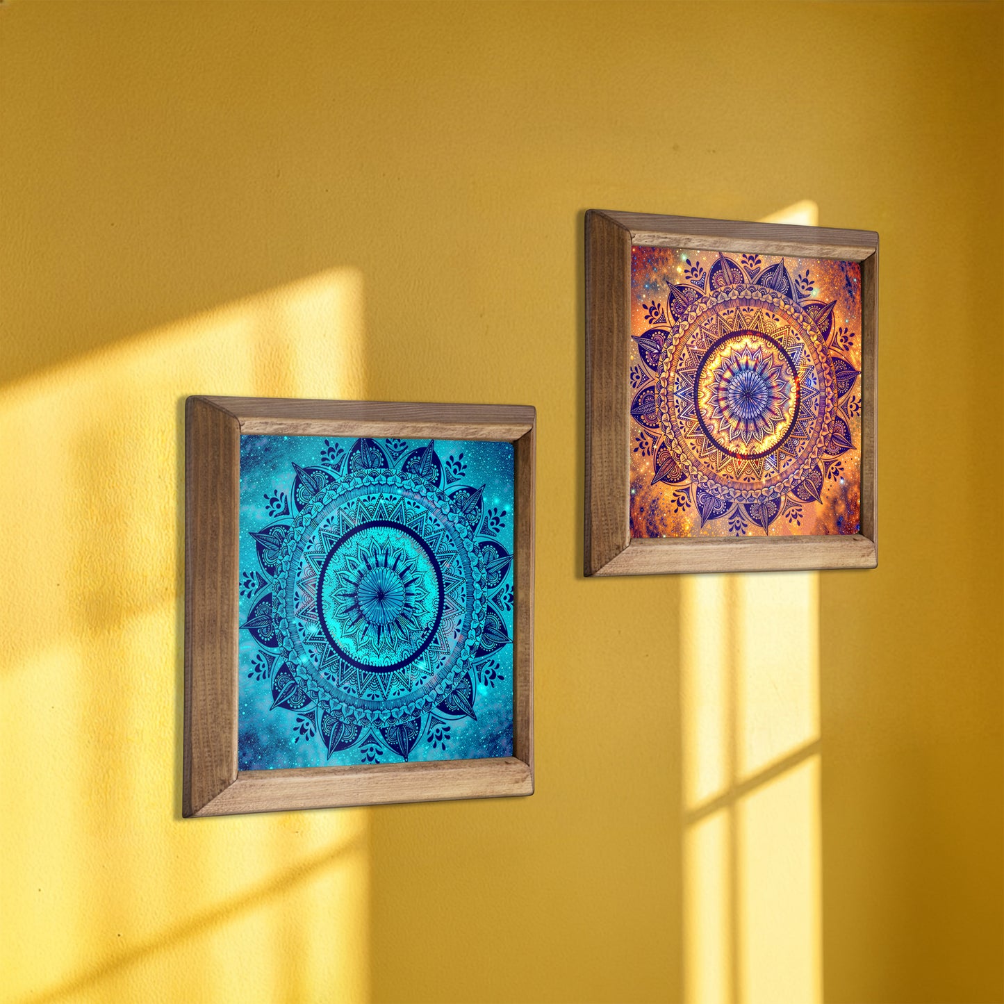 Blue & Red Mandala Wall Art Duo – Wooden Frame Set
