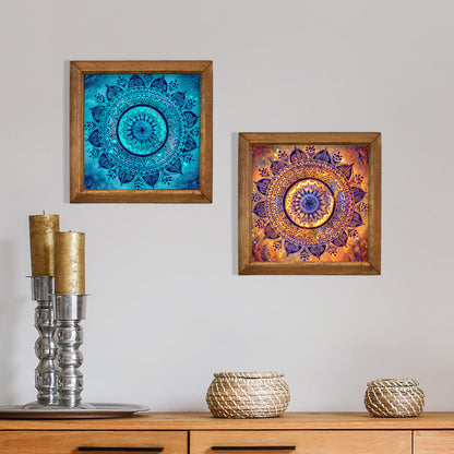 Blue & Red Mandala Wall Art Duo – Wooden Frame Set