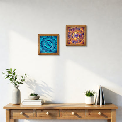 Blue & Red Mandala Wall Art Duo – Wooden Frame Set