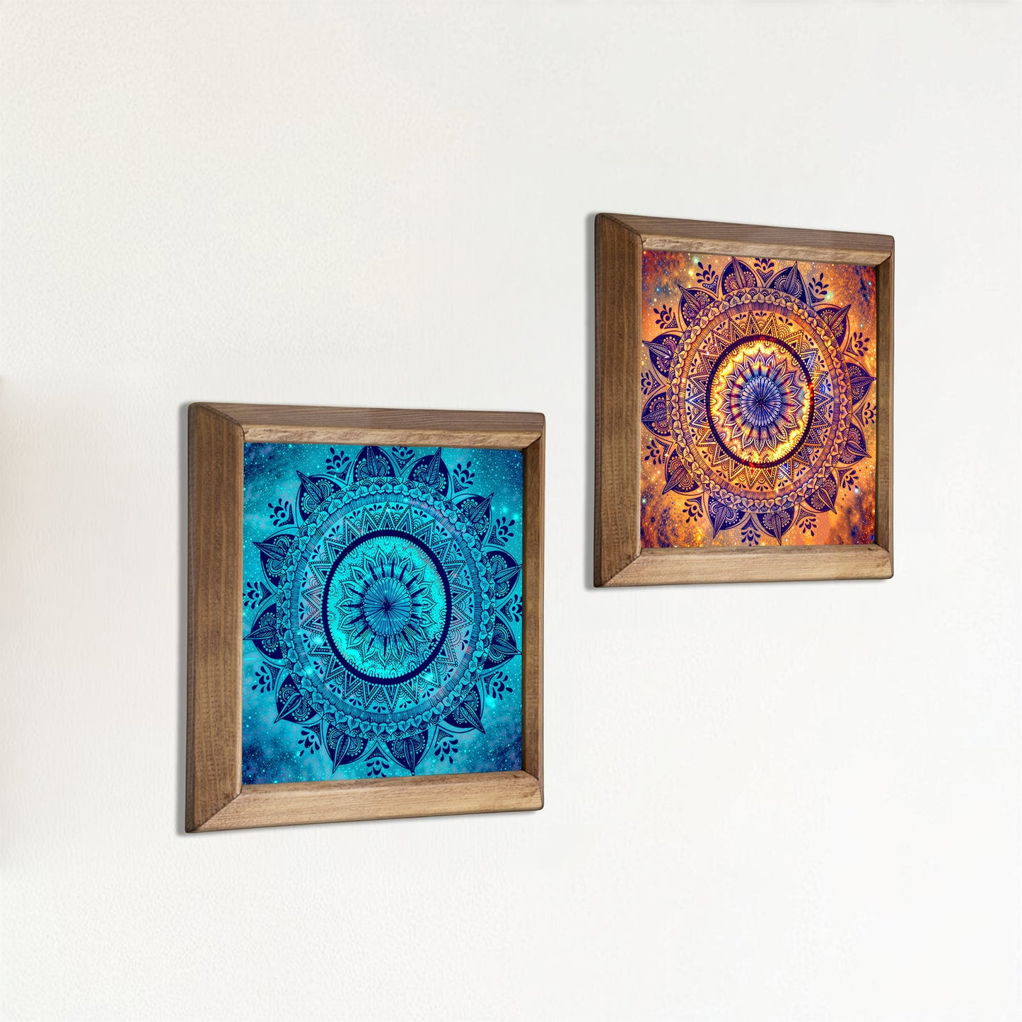 Blue & Red Mandala Wall Art Duo – Wooden Frame Set