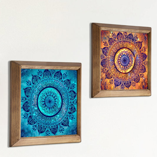 Blue & Red Mandala Wall Art Duo – Wooden Frame Set