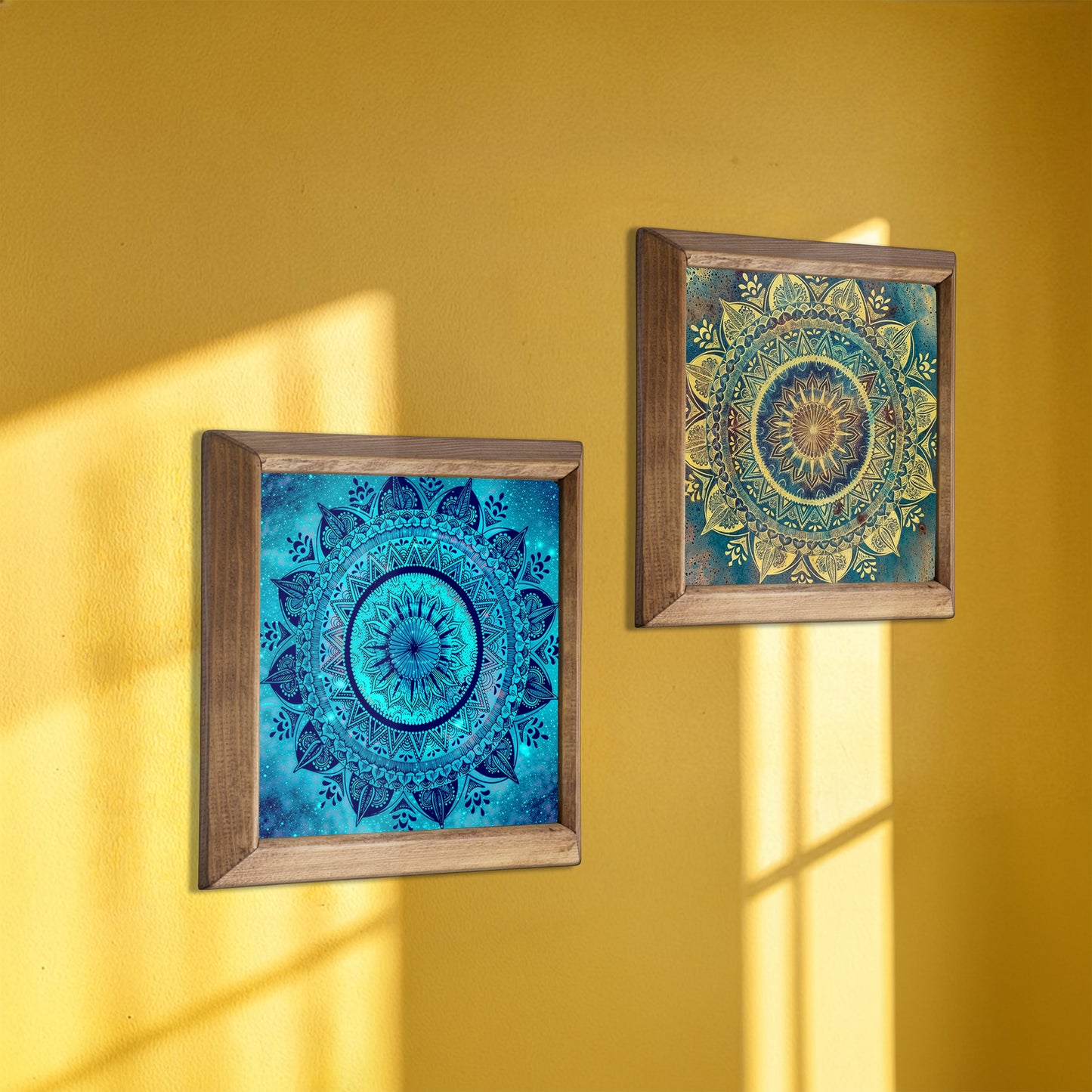 Blue & Green Mandala Wall Art Duo – Wooden Frame Set