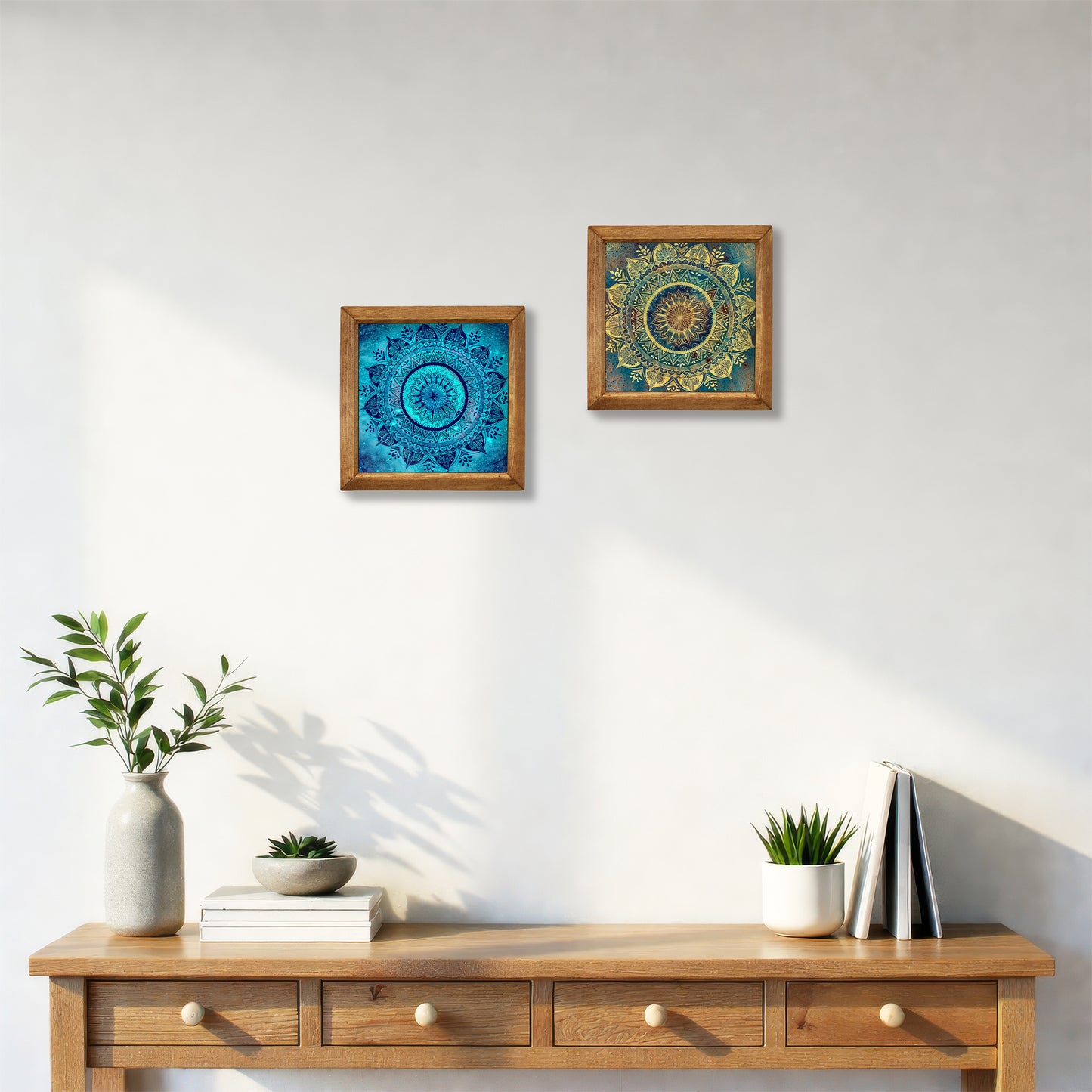 Blue & Green Mandala Wall Art Duo – Wooden Frame Set