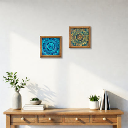 Blue & Green Mandala Wall Art Duo – Wooden Frame Set