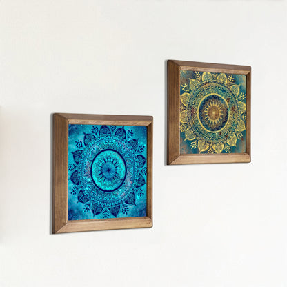 Blue & Green Mandala Wall Art Duo – Wooden Frame Set