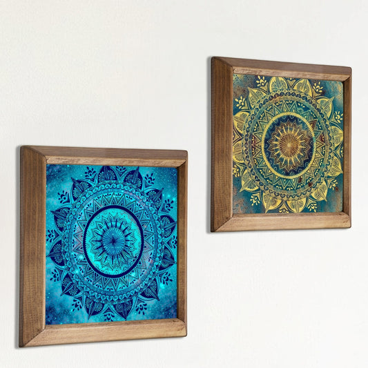 Blue & Green Mandala Wall Art Duo – Wooden Frame Set