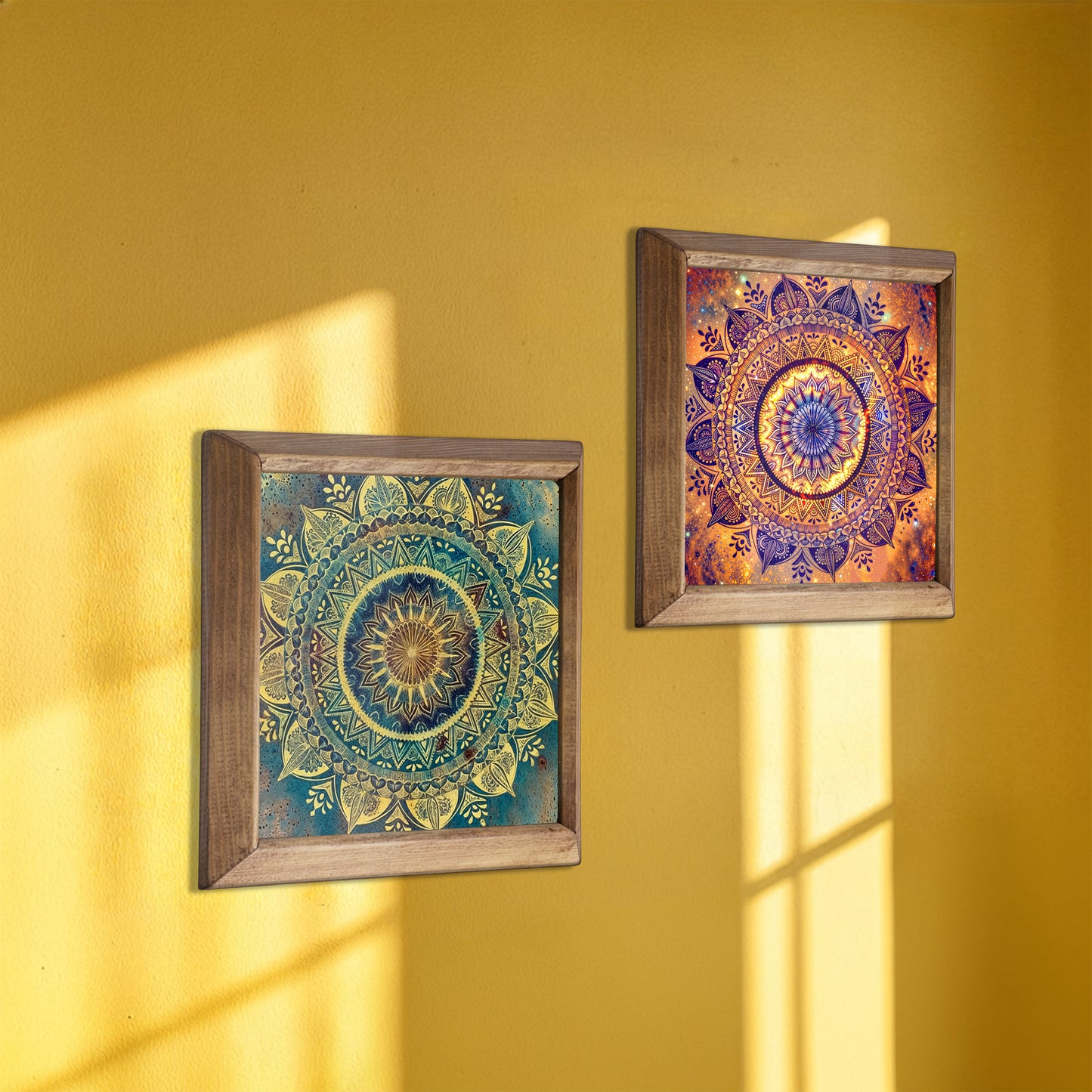 Green & Red Mandala Wall Art Duo – Wooden Frame Set