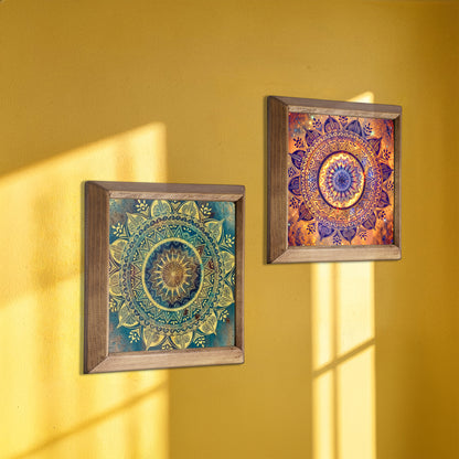 Green & Red Mandala Wall Art Duo – Wooden Frame Set