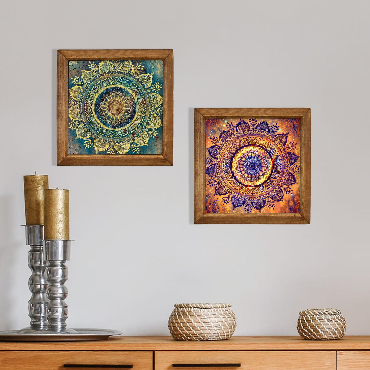 Green & Red Mandala Wall Art Duo – Wooden Frame Set