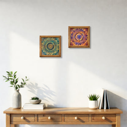Green & Red Mandala Wall Art Duo – Wooden Frame Set