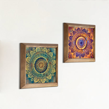 Green & Red Mandala Wall Art Duo – Wooden Frame Set