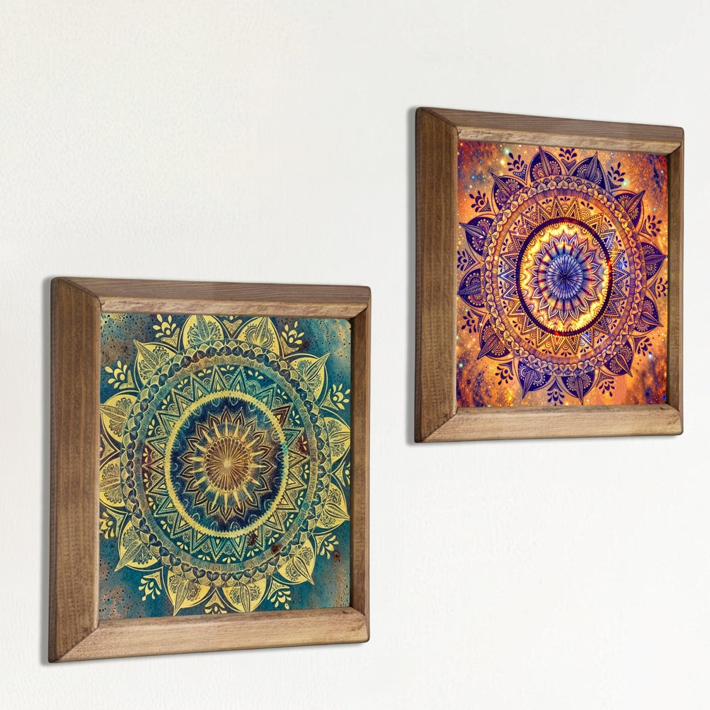 Green & Red Mandala Wall Art Duo – Wooden Frame Set