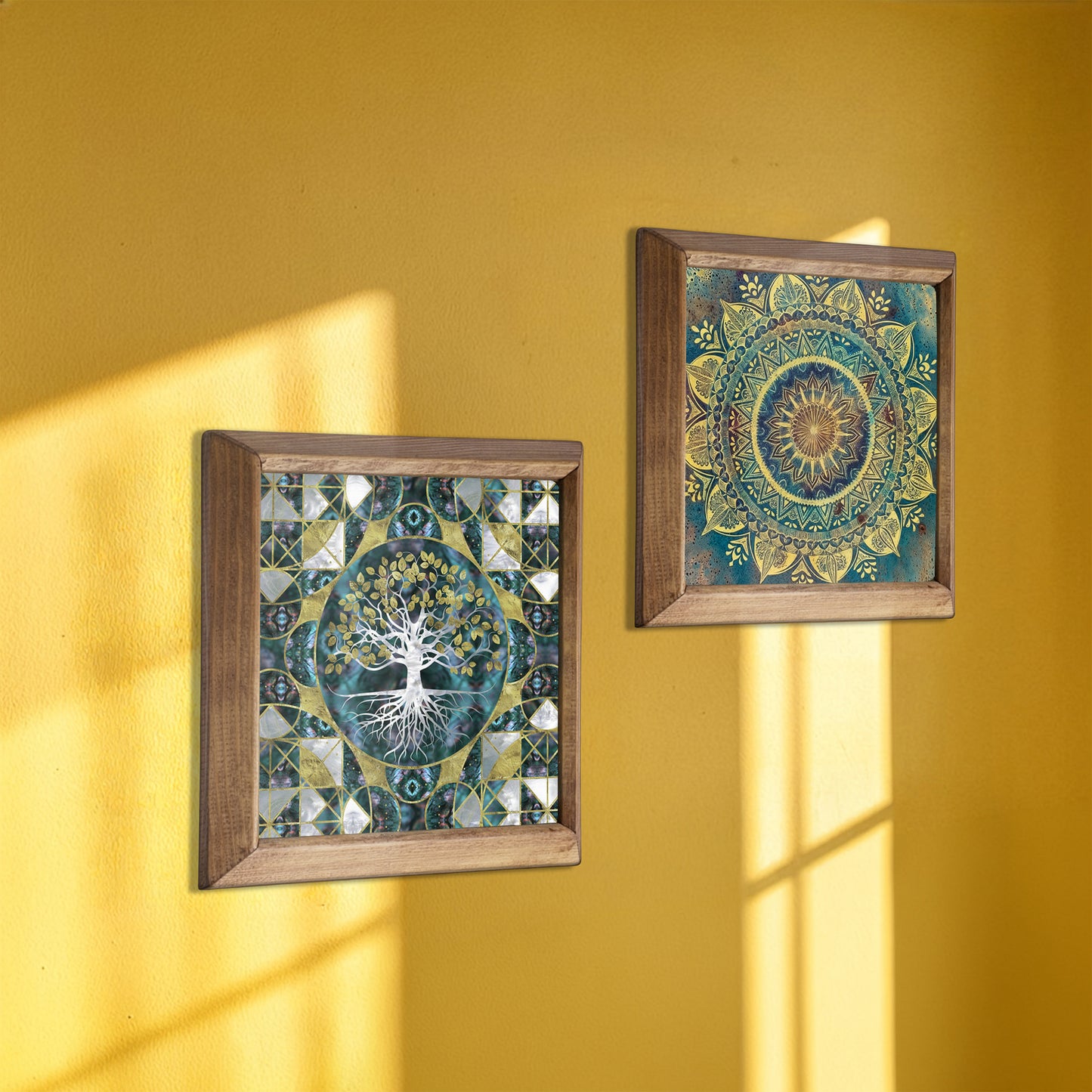 Tree of Life & Green Mandala Wall Art Duo – Wooden Frame