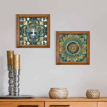 Tree of Life & Green Mandala Wall Art Duo – Wooden Frame