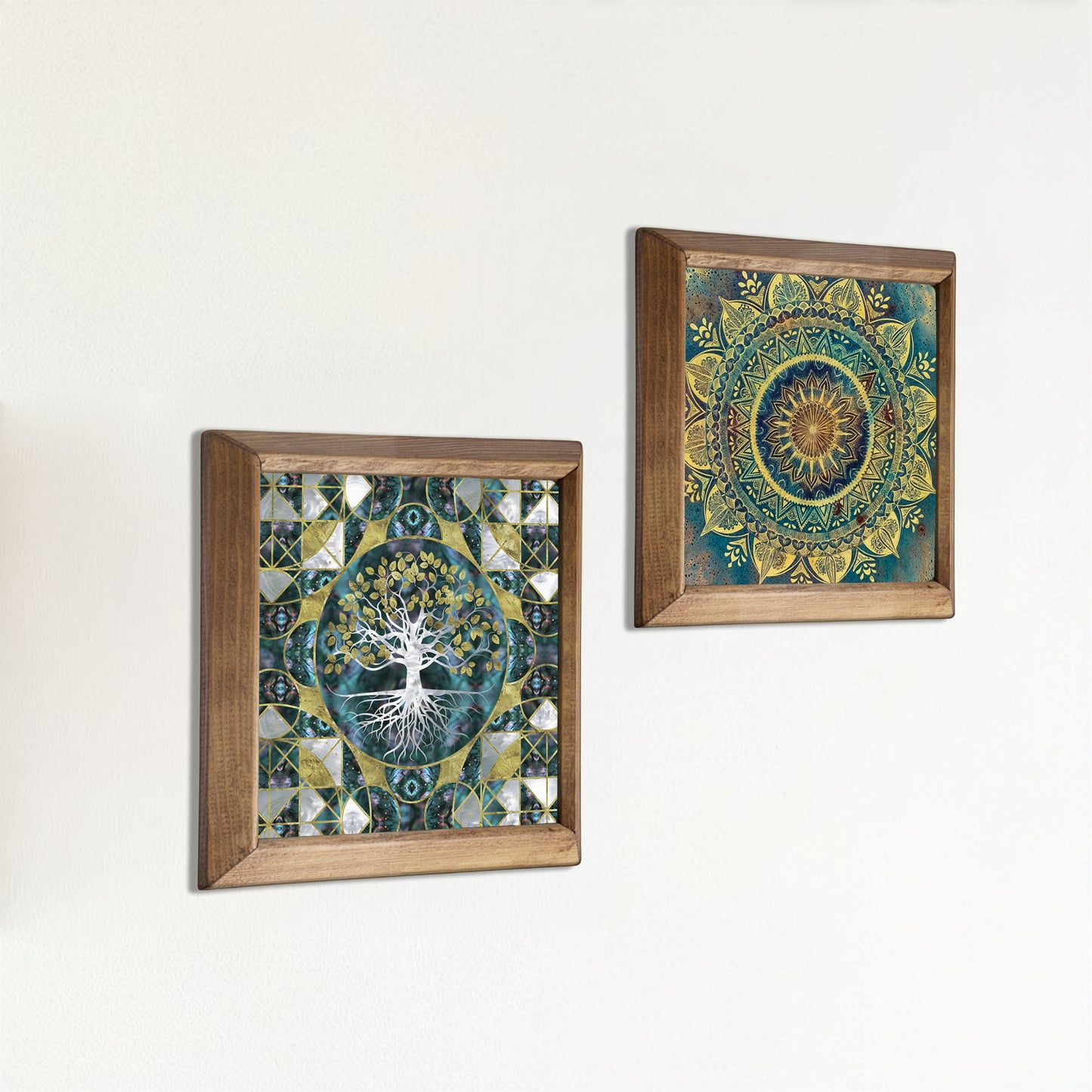 Tree of Life & Green Mandala Wall Art Duo – Wooden Frame