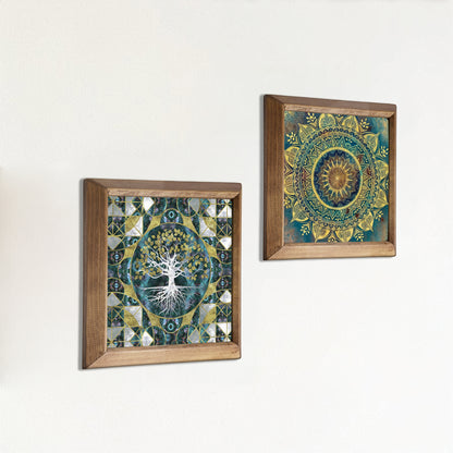 Tree of Life & Green Mandala Wall Art Duo – Wooden Frame