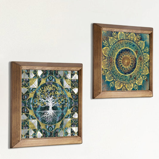 Tree of Life & Green Mandala Wall Art Duo – Wooden Frame