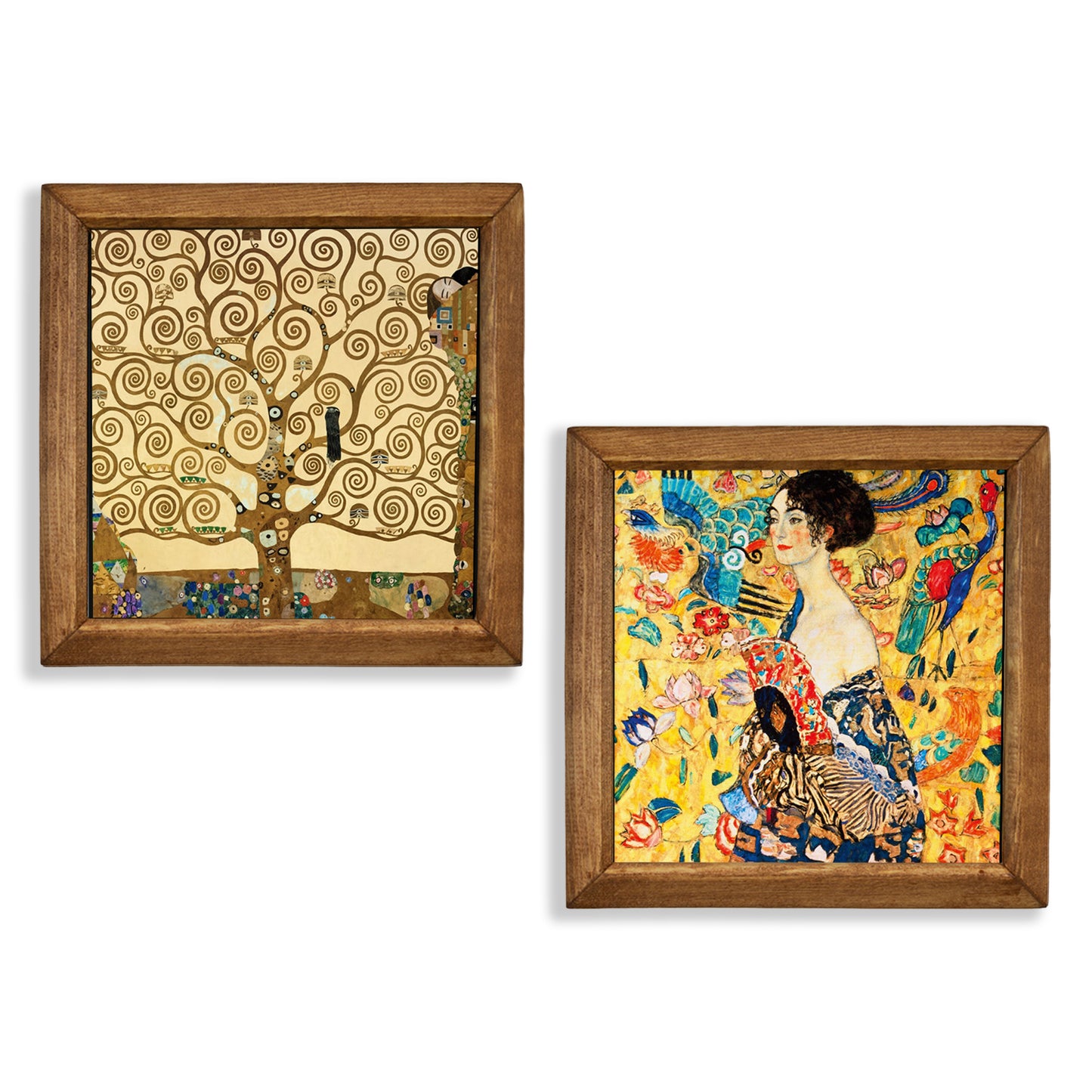 Gustav Klimt Tree & Lady with Fan Duo Natural Stone Wall Art – Wood Frame Set
