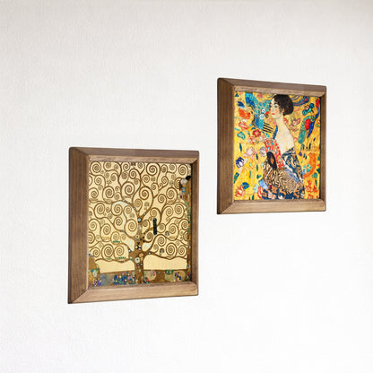 Gustav Klimt Tree & Lady with Fan Duo Natural Stone Wall Art – Wood Frame Set