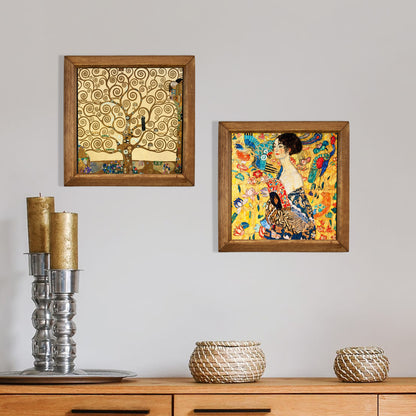 Gustav Klimt Tree & Lady with Fan Duo Natural Stone Wall Art – Wood Frame Set