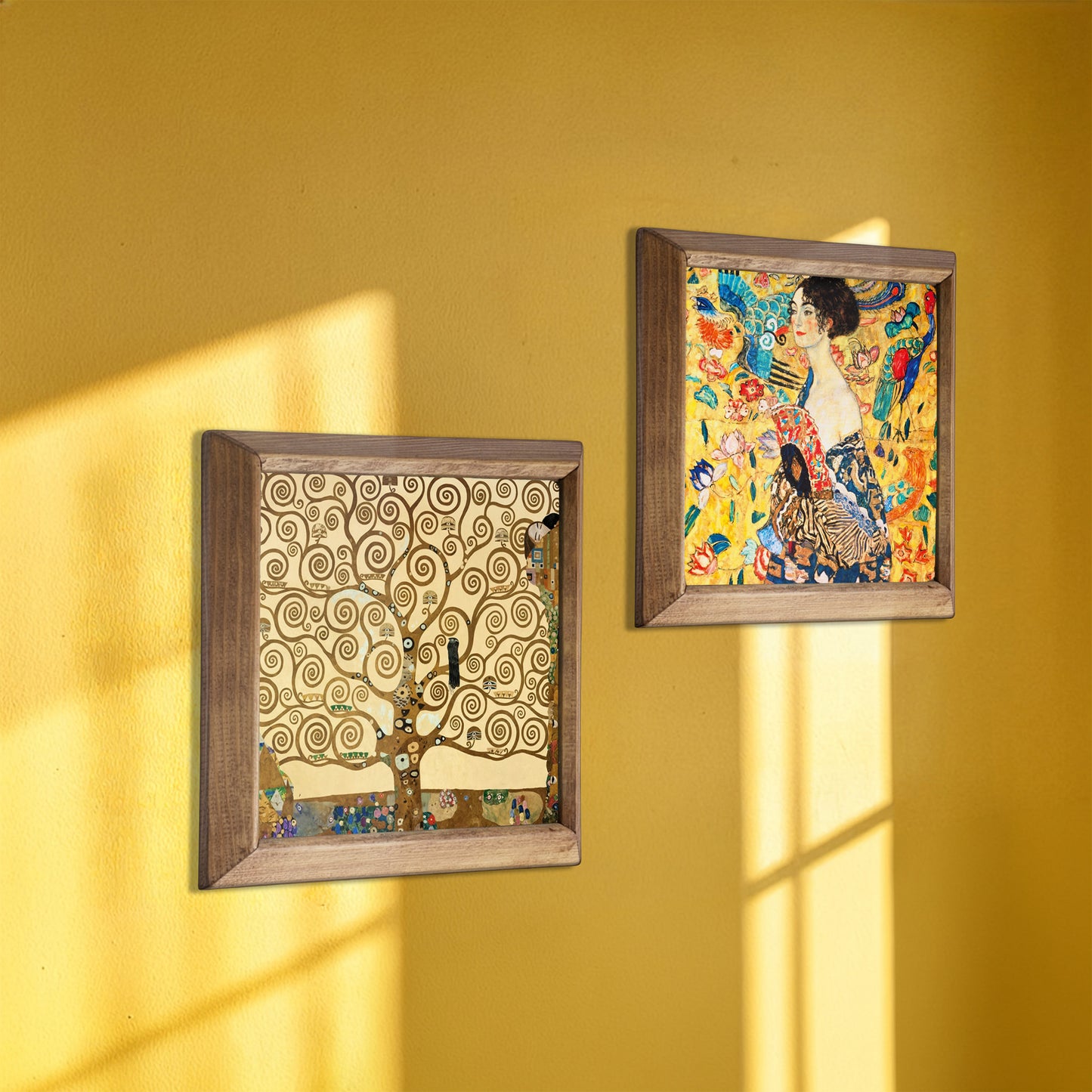 Gustav Klimt Tree & Lady with Fan Duo Natural Stone Wall Art – Wood Frame Set