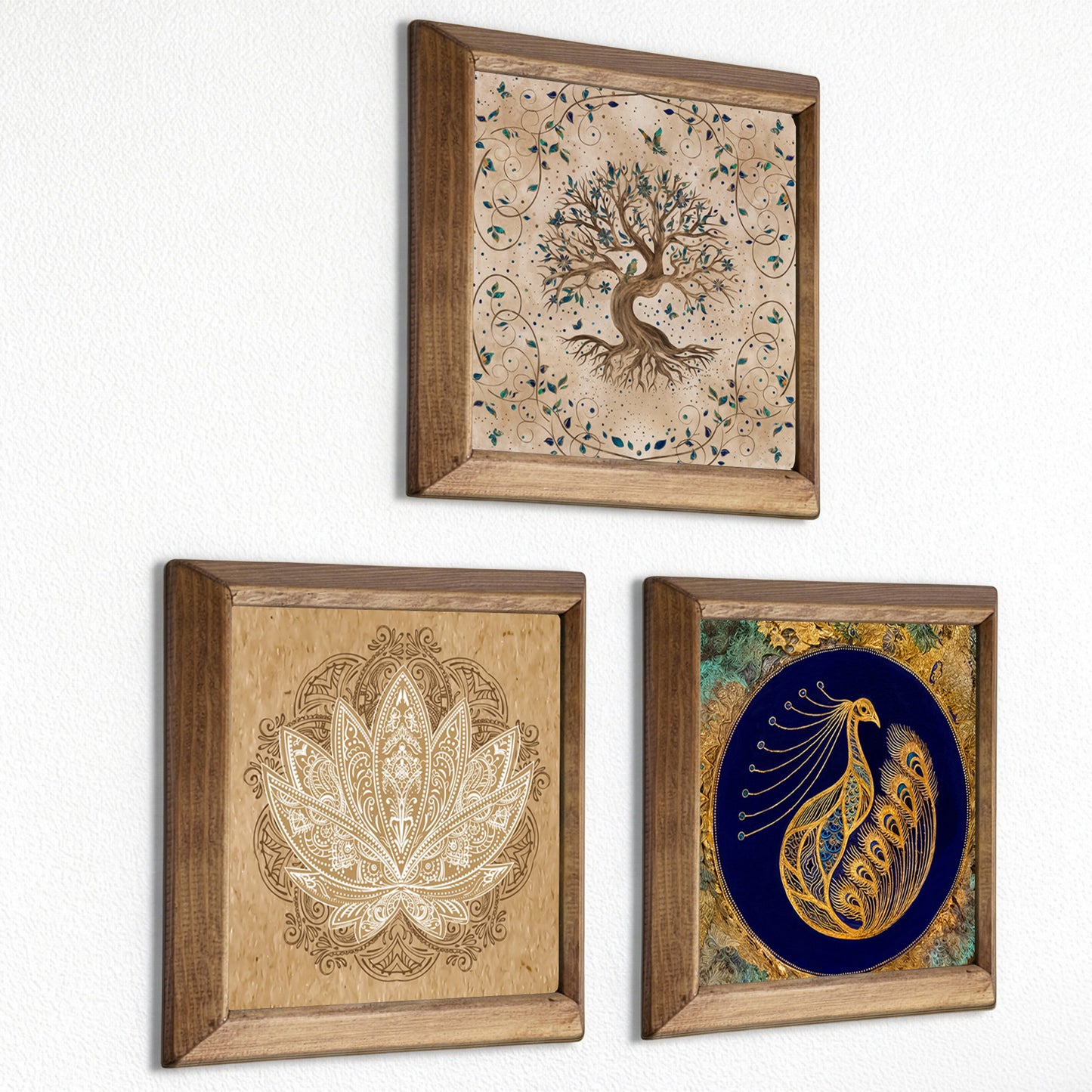 Tree of Life, Lotus & Peacock Trio Stone Wall Art Set