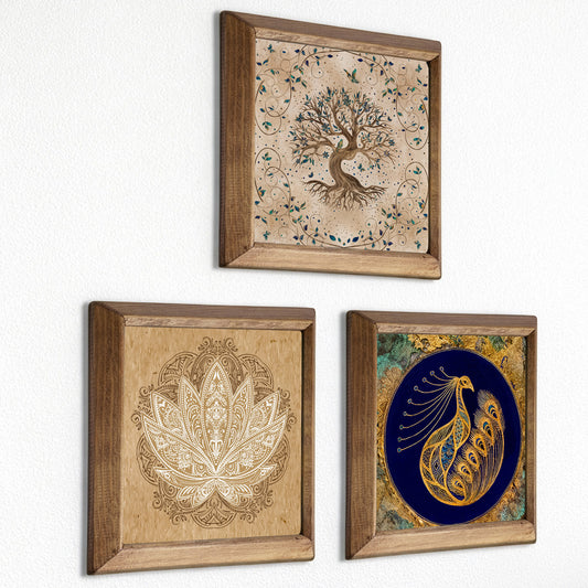 Tree of Life, Lotus & Peacock Trio Stone Wall Art Set