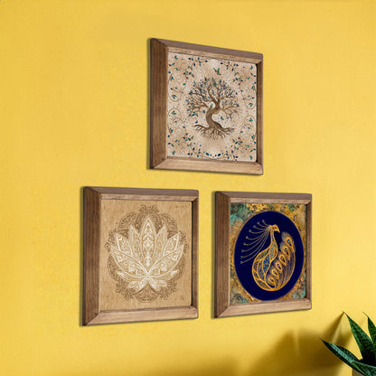 Tree of Life, Lotus & Peacock Wall Art Trio – Wooden Frame Set