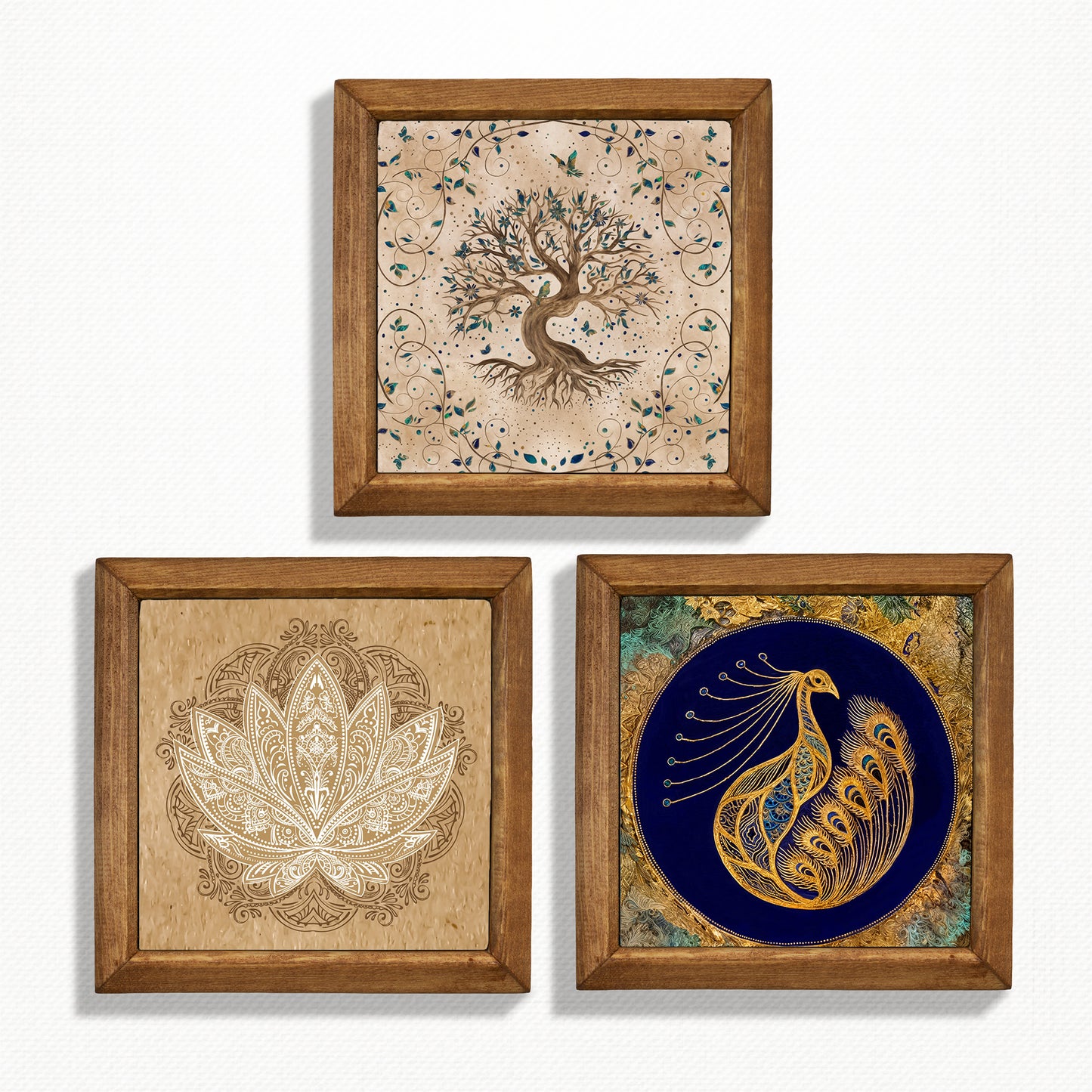 Tree of Life, Lotus & Peacock Wall Art Trio – Wooden Frame Set
