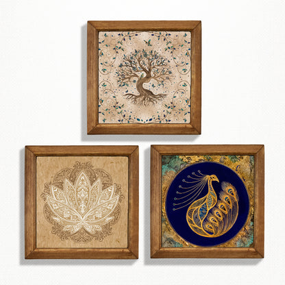 Tree of Life, Lotus & Peacock Wall Art Trio – Wooden Frame Set