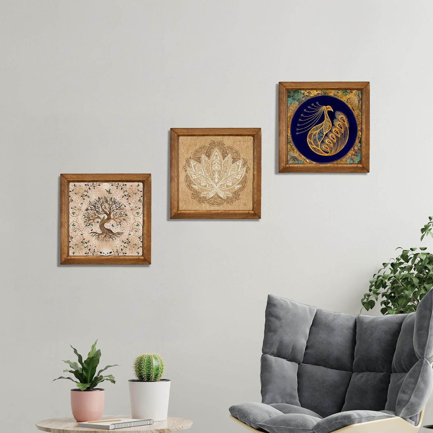 Tree of Life, Lotus & Peacock Wall Art Trio – Wooden Frame Set