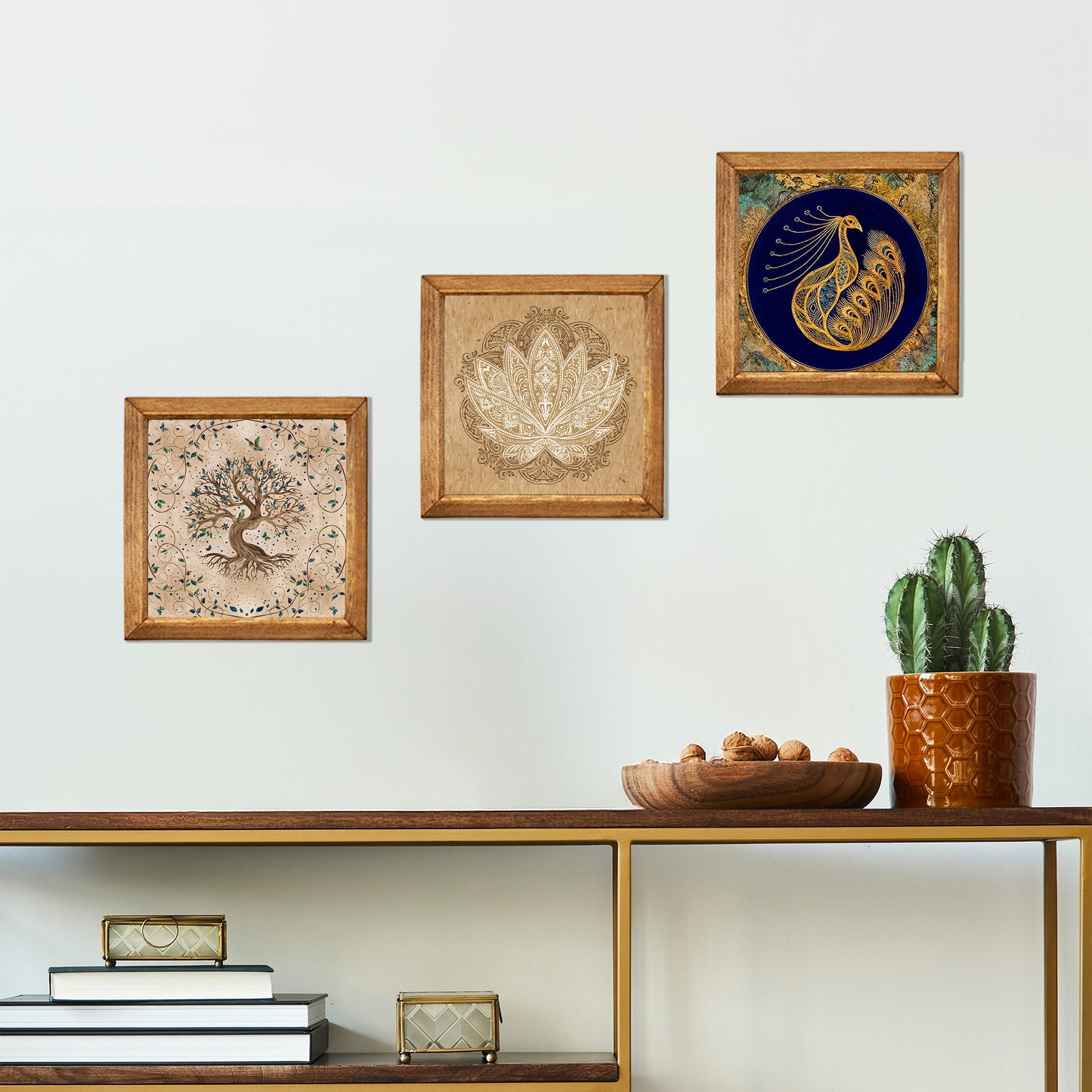 Tree of Life, Lotus & Peacock Wall Art Trio – Wooden Frame Set
