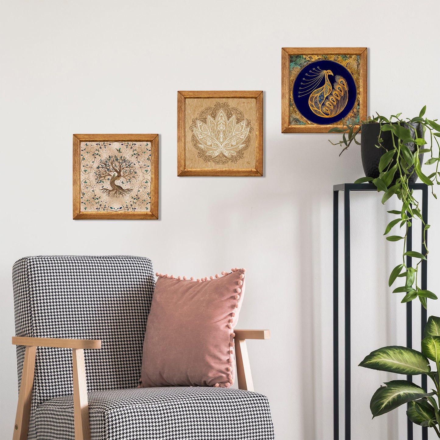 Tree of Life, Lotus & Peacock Wall Art Trio – Wooden Frame Set
