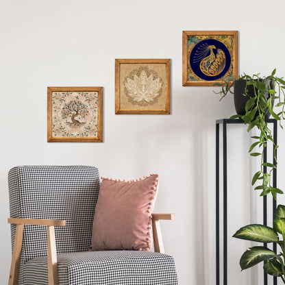 Tree of Life, Lotus & Peacock Wall Art Trio – Wooden Frame Set