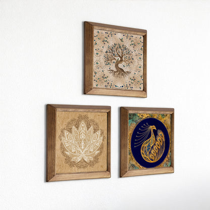 Tree of Life, Lotus & Peacock Wall Art Trio – Wooden Frame Set