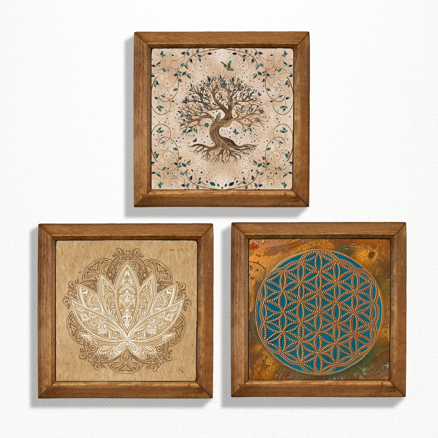 Flower of Life, Tree of Life & Lotus Wall Stone Art Trio Set
