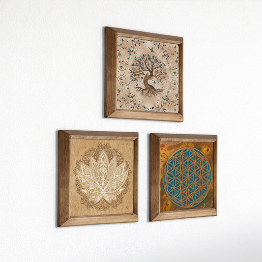 Flower of Life, Tree of Life & Lotus Wall Stone Art Trio Set