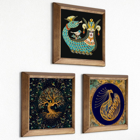 Shahmaran, Tree of Life & Peacock Trio Stone Wall Art Set