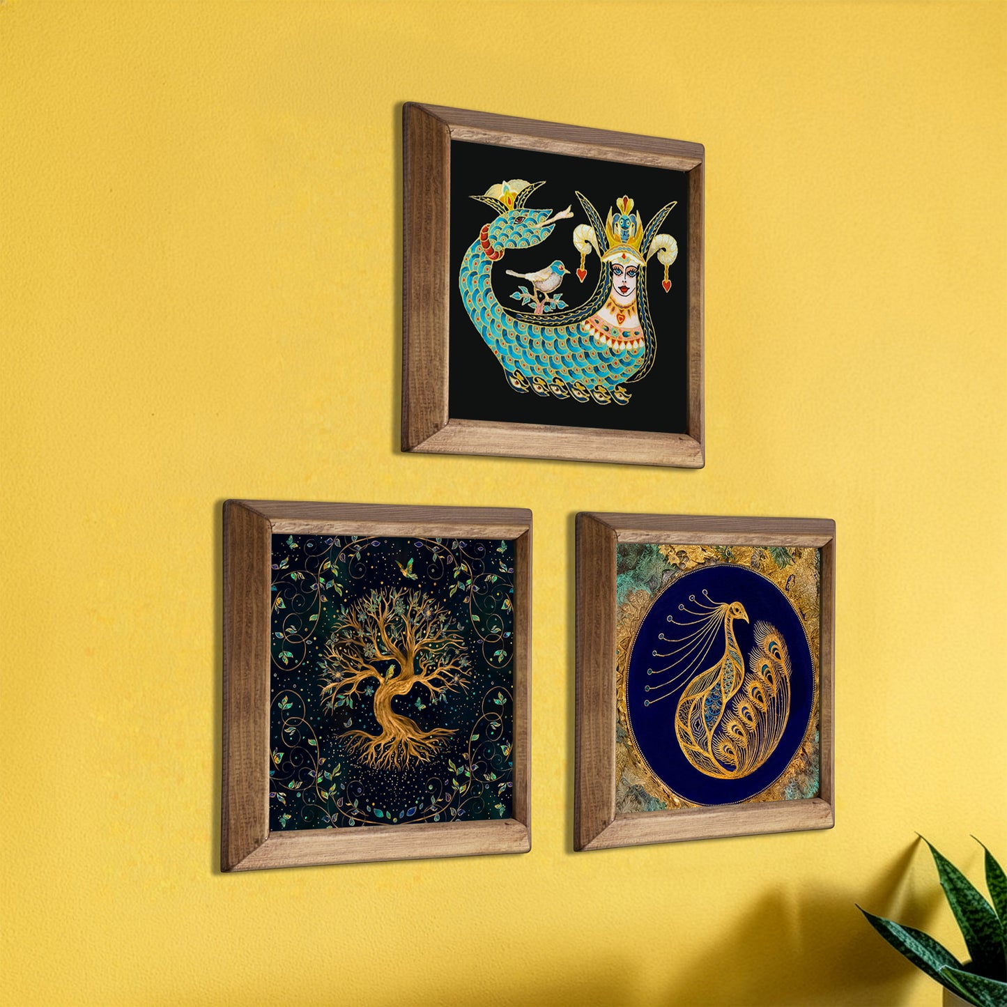 Shahmaran, Tree of Life & Peacock Wall Art Trio – Wood Frame Set