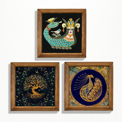 Shahmaran, Tree of Life & Peacock Wall Art Trio – Wood Frame Set