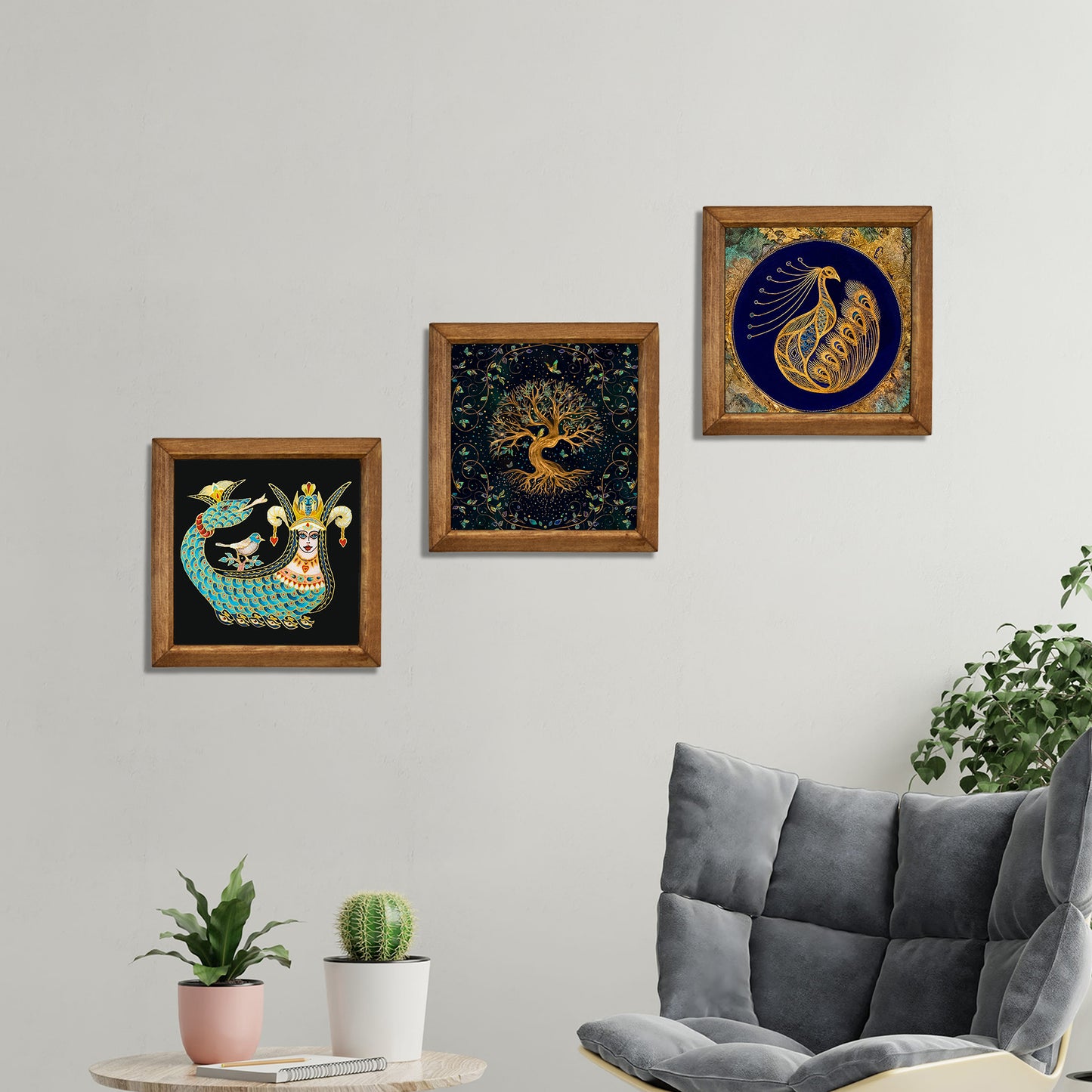 Shahmaran, Tree of Life & Peacock Wall Art Trio – Wood Frame Set