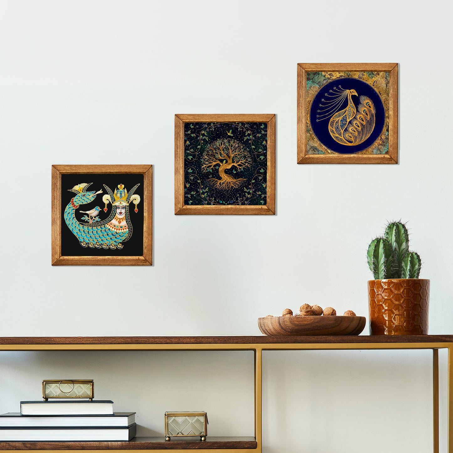 Shahmaran, Tree of Life & Peacock Wall Art Trio – Wood Frame Set