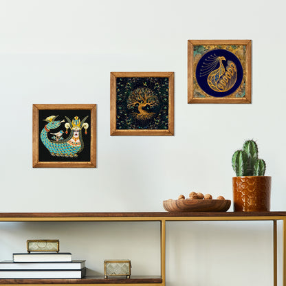 Shahmaran, Tree of Life & Peacock Wall Art Trio – Wood Frame Set