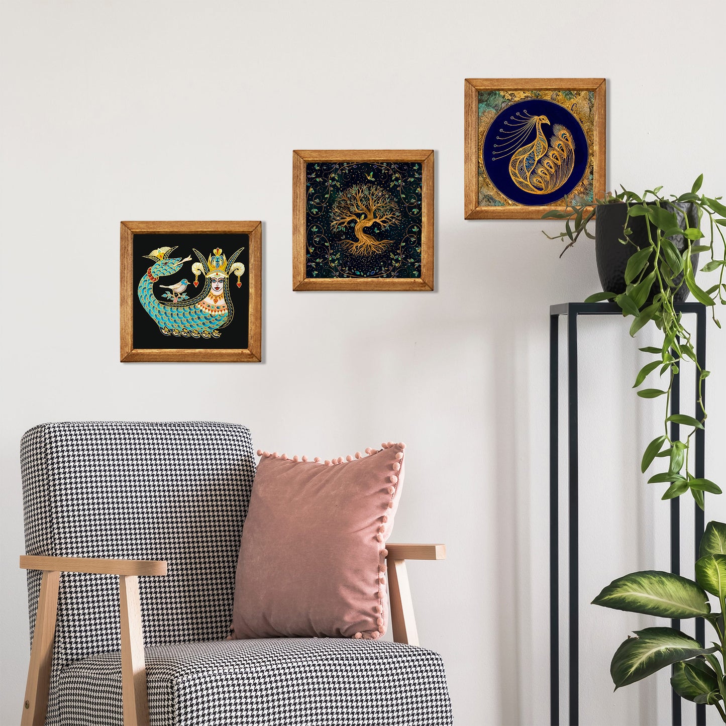 Shahmaran, Tree of Life & Peacock Wall Art Trio – Wood Frame Set