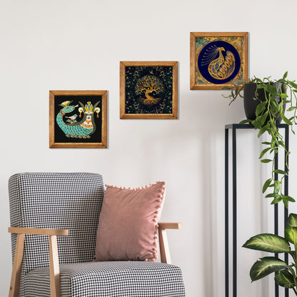 Shahmaran, Tree of Life & Peacock Wall Art Trio – Wood Frame Set