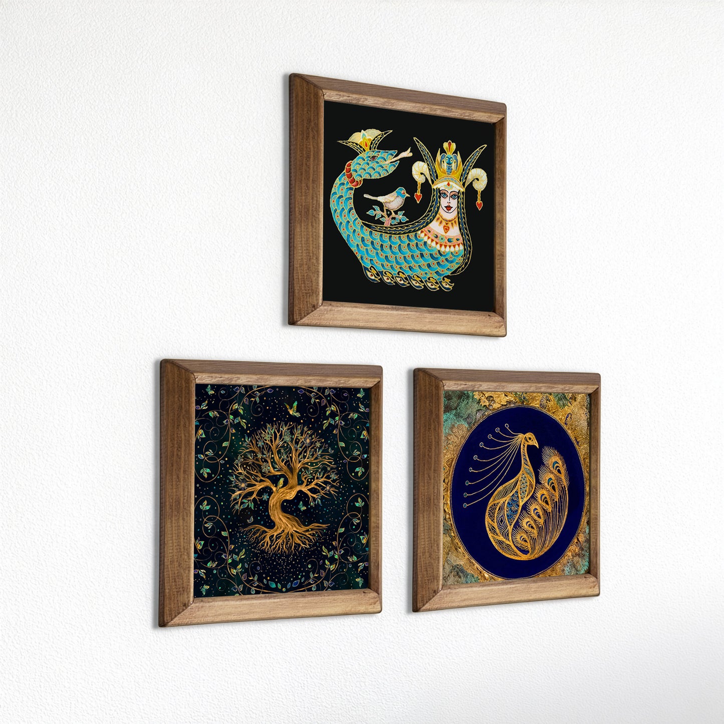 Shahmaran, Tree of Life & Peacock Wall Art Trio – Wood Frame Set